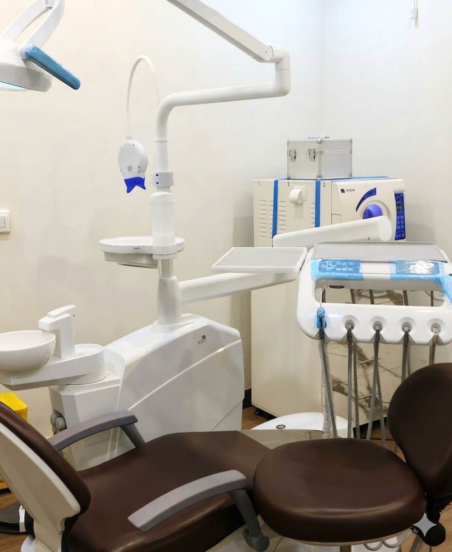 Dental treatment room with chair, overhead light and autoclave sterilisation unit